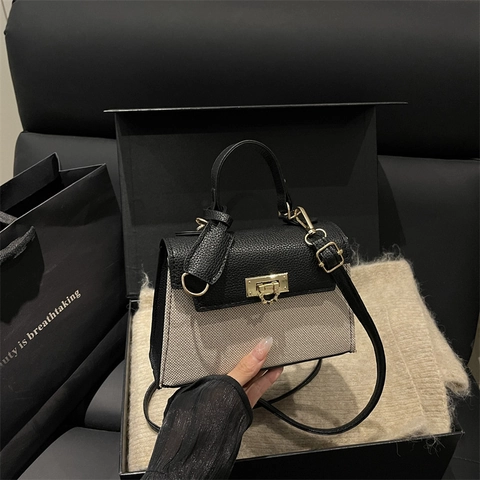 Sac À Main Élégant Femme Patchwork Cuir PU Toile Sac Bandoulière Serrure Dorée Poignée Unique Tendance
