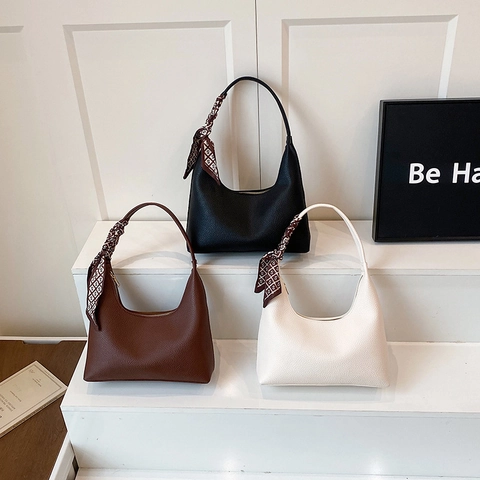 Borsa Hobo Da Donna Pelle PU Grana Con Sciarpa Di Raso Borsa Sottobraccio Retrò Elegante