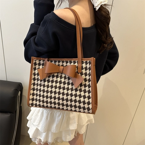 Gewebte Tweed Tragetasche Große Kapazität Hahnentrittmuster Große Bogen Dekor Französisch Vintage Schulter Handtasche Für Damen