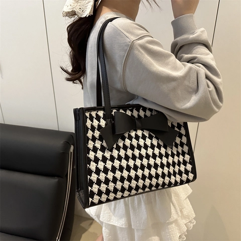 Women Lattice Plaid Bow Tote Bag Retro Woven Fabric PU Leather Handbag Fashion Large Capacity Shoulder Underarm Bag