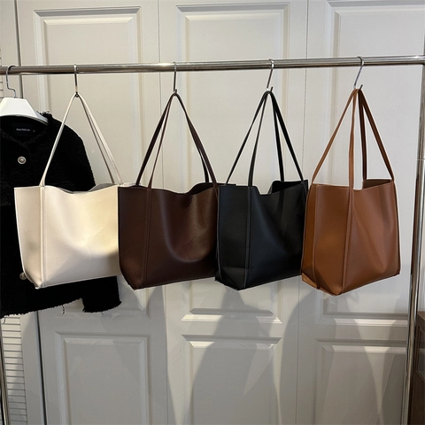 Women Vintage Large Capacity PU Leather Tote Bag Set With Inner Pouch Fashion Urban Minimalist Solid Color Shoulder Bag