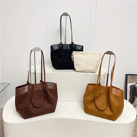 Women Large Capacity Shoulder Bag Suede PU Leather Stitched Handbag Minimalist Retro Office Commute Magnet Closure