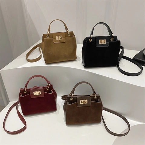 Piccola Borsa Quadrata Vintage Donna Texture Camoscio Pelle PU Manico Superiore Borsa Tracolla Chiusura Girevole Oro