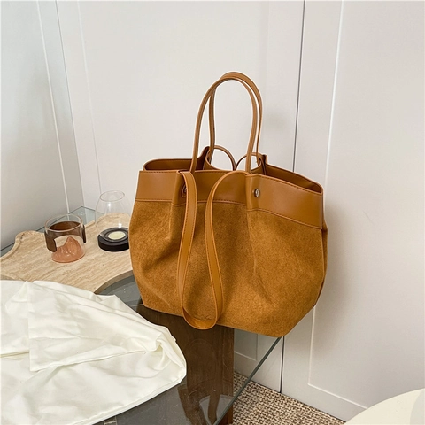Women Large Capacity Shoulder Bag Suede PU Leather Stitched Handbag Minimalist Retro Office Commute Magnet Closure