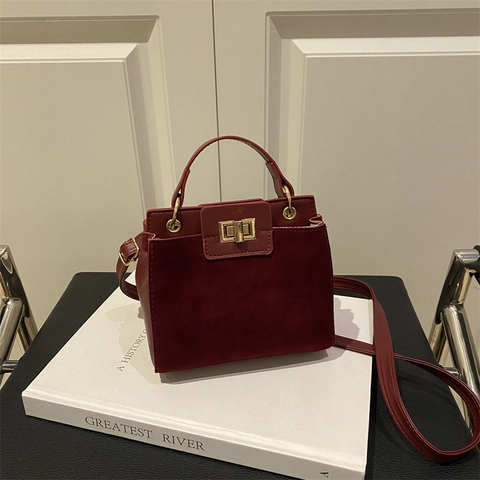 Piccola Borsa Quadrata Vintage Donna Texture Camoscio Pelle PU Manico Superiore Borsa Tracolla Chiusura Girevole Oro