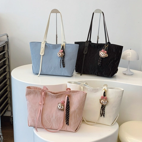 Women Crinkle Texture PU Leather Tote Bag Large Capacity Commuter Shoulder Handbag Solid Color Minimalist Fashion