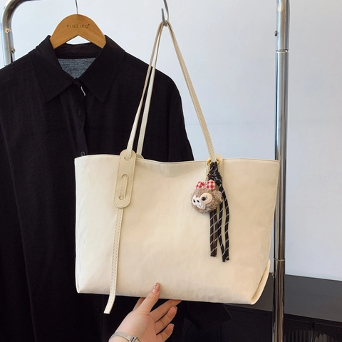 Women Crinkle Texture PU Leather Tote Bag Large Capacity Commuter Shoulder Handbag Solid Color Minimalist Fashion