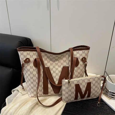 Borsa A Mano Grande Capacità E Pochette Pelle PU Denim Stampa Monogramma Lettere Retro Moda Borsa A Spalla Donna Quotidiana