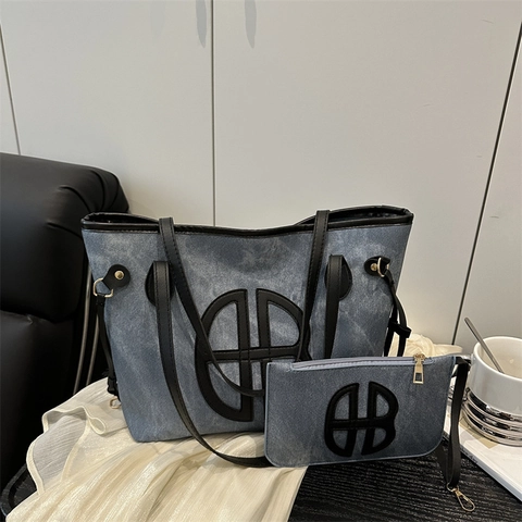Borsa A Mano Grande Capacità E Pochette Pelle PU Denim Stampa Monogramma Lettere Retro Moda Borsa A Spalla Donna Quotidiana