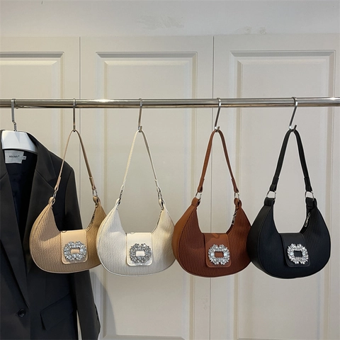 Women Pleated Underarm Shoulder Bag Rhinestone Square Buckle Crescent Hobo Handbag Retro Elegant Casual Fashion Trendy
