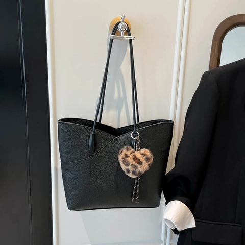 Grande Borsa Tote Da Donna In Pelle PU Grana Litchi Stile Urbano Minimalista Borsa A Spalla Con Ciondolo A Cuore