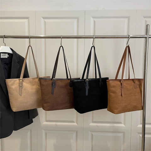 Women Suede Look Large Capacity Tote Bag Minimalist Shoulder Bag Solid Color Casual Handbag With Metal Buckle Commuting Bag