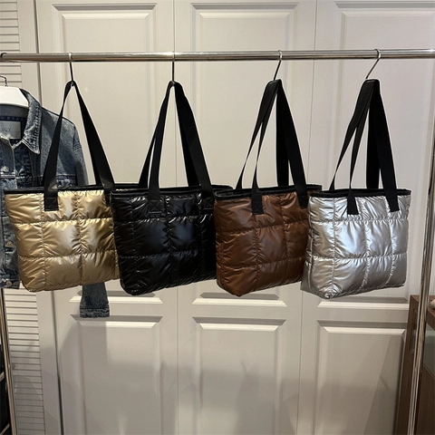 Harajuku Style Gesteppte Puffer Tote Bag Für Damen Metallic Glänzend Quadratisch Gesteppt Schultertasche Tote Und Beutel Tasche