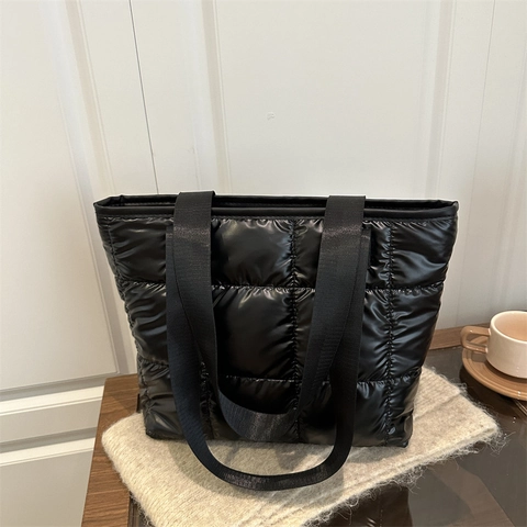 Quilted Puffer Tote Bag And Small Pouch Metallic High Gloss Large Capacity Shoulder Bag Casual Niche Design For Women
