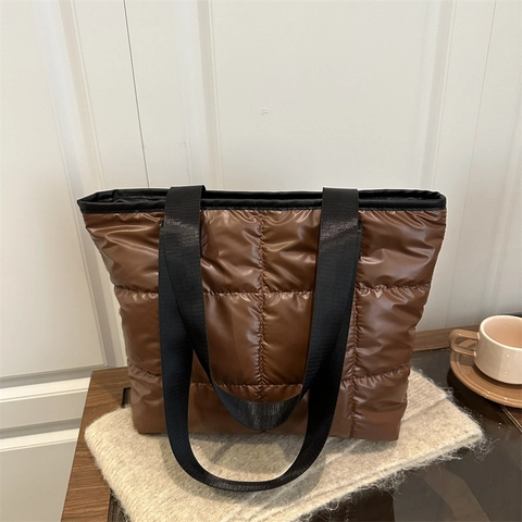 Bolso Tote Acolchado de Moda para Mujer Nailon Metálico Cuadrícula Gran Capacidad Bolso de Hombro con Cartera Casual