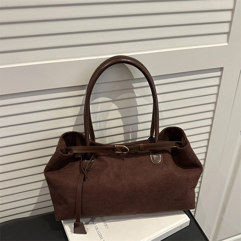 Retro Wildlederimitat Tote Bag Damen Große Kapazität Schultertasche Mit Metallschnalle Minimalistische Pendler Handtasche