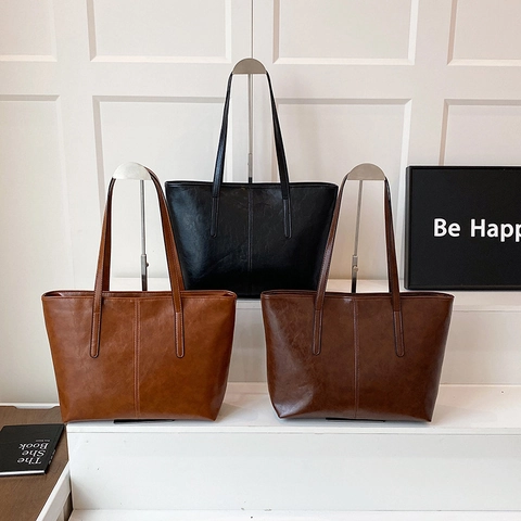 Borsa Tote Vintage In Pelle PU Grande Capacità Borsa A Spalla Semplice Cuciture Verticali Pendolarismo Donne Borsa Con Ciondolo