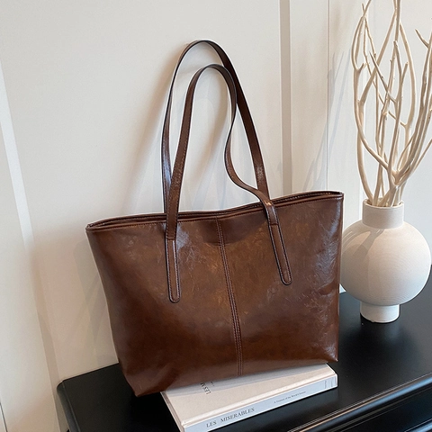 Borsa Tote Vintage In Pelle PU Grande Capacità Borsa A Spalla Semplice Cuciture Verticali Pendolarismo Donne Borsa Con Ciondolo
