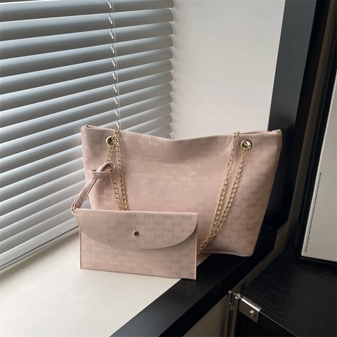 Women Shoulder Tote Bag PU Leather Large Capacity Letter Monogram Fashion Handbag With Chain Strap And Small Pouch