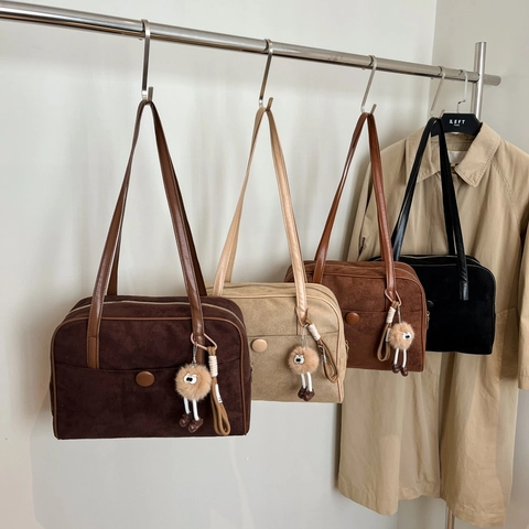 Vintage Suede Shoulder Bag Large Capacity Frosted Retro Tote Bag For Women Casual Commuter With Plush Charm