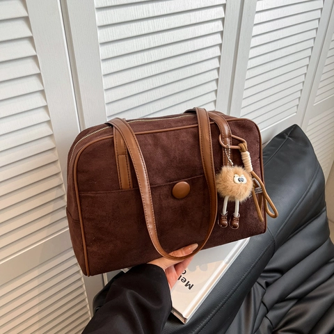 Vintage Suede Shoulder Bag Large Capacity Frosted Retro Tote Bag For Women Casual Commuter With Plush Charm