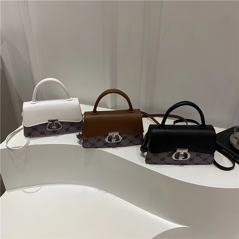 Bolso De Mano Retro Mujer Color En Contraste Cuero PU Lona Impresa Bolso Bandolera Cuadrado Cierre Metálico Funcional