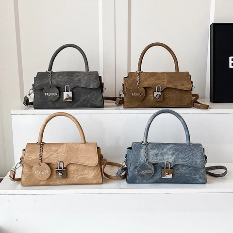 Vintage PU Leather Small Square Crossbody Bag For Women Retro Handbag With Metal Lock Fashion Letter Charm Solid Color Shoulder Bag
