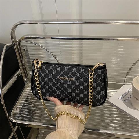 Vintage Monogram Onderarmtas PU Leer Goud Ketting Schoudertas Voor Vrouwen Mode Afdrukken Casual Tote Bag Voor Dagelijks Gebruik