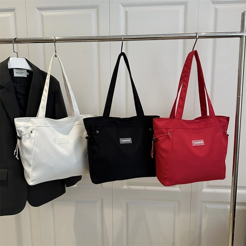 Large Capacity Nylon Tote Bag For Women Minimalist Solid Color Shoulder Bag With Drawstring Fashion Patch Daily Handbag