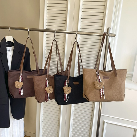 Women Large Capacity Tote Bag Polyester Corduroy Texture Korean Fashion Commute With Bear Charm And Scarf