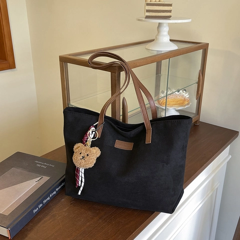 Women Large Capacity Tote Bag Polyester Corduroy Texture Korean Fashion Commute With Bear Charm And Scarf