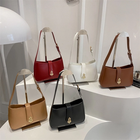 Vintage Underarm Shoulder Bag For Women PU Leather Solid Color With Gold Gourd Lock Adjustable Minimalist Bag