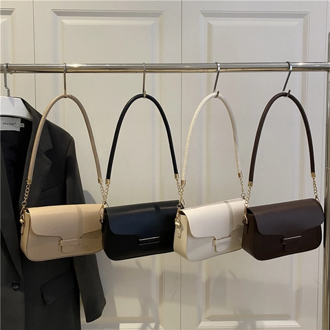 Borsa a Spalla da Donna in Pelle PU Minimalista con Patta Borsa da Sottobraccio Con Catena Tinta Unita Quadrata per Pendolarismo