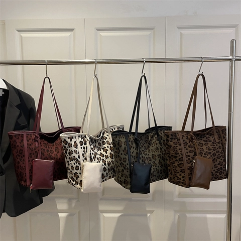 Vintage Leopard Print Large Capacity Tote Bag For Women Faux Suede Shoulder Bag With Small Pouch Fashion Casual Daily Bag
