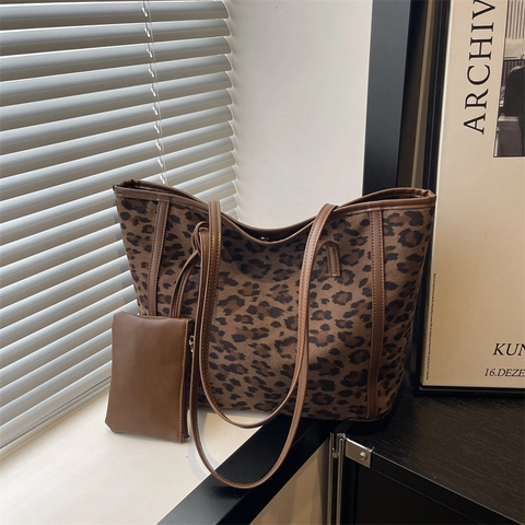 Leopard Print Tote Bag Faux Suede Large Capacity Urban Casual Shoulder Handbag With Small Pouch For Women