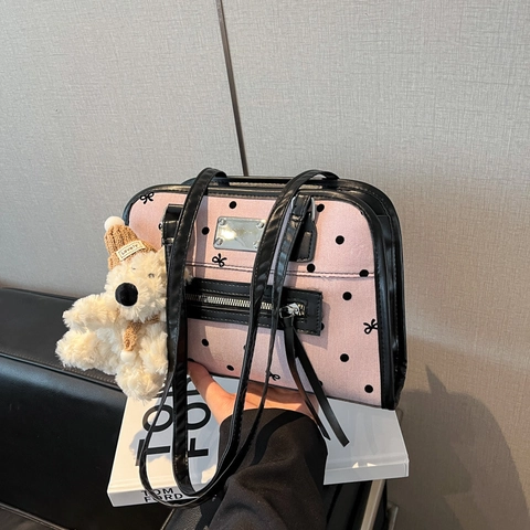 Vintage Polka Dot Print Shoulder Bag For Women Sweet Bowknot Decor PU Leather Tote Bag With Plush Bear Pendant Trendy