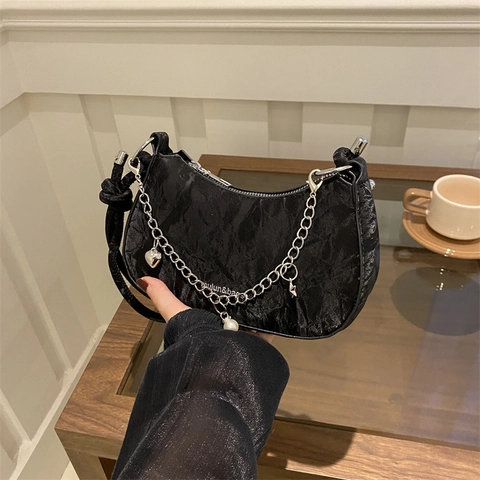 Sac Hobo À La Mode Pour Femmes Sac Sous L'Aisselle Demi-Lune Texture Marbre Cuir PU Chaîne Argentée Künstliche Perle Sangle Nouée
