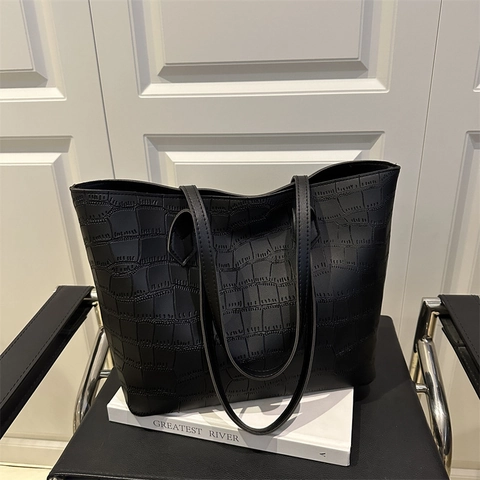 Women Fashion Crocodile Embossed PU Leather Tote Bag Large Capacity Zipper Shoulder Bag For Work Daily Commuter Retro