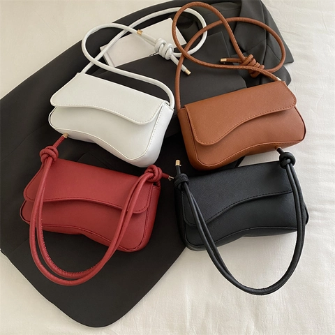 Women Saffiano PU Leather Underarm Bag Irregular Wave Flap Shoulder Bag With Knot Strap French Style Commute Crossbody Bag