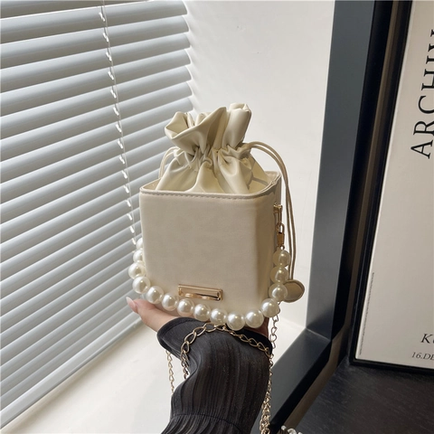 Mini Bucket Bag PU Leather Faux Artificial Pearl Handle Drawstring Square Crossbody Handbag For Women Elegant Chic