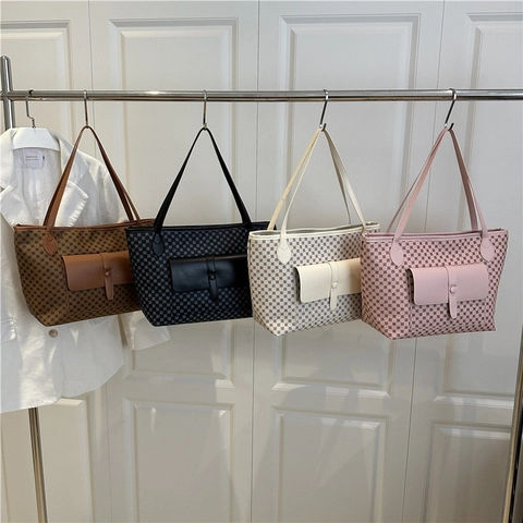 Große Tote Bag Damen Geometrisches Muster PU Leder Schultertasche Mit Vorderer Taschenklappe Vintage Eleganter Stil