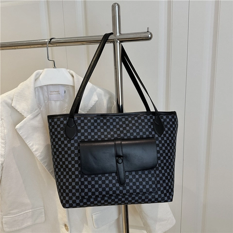 Große Tote Bag Damen Geometrisches Muster PU Leder Schultertasche Mit Vorderer Taschenklappe Vintage Eleganter Stil