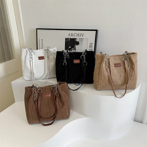Borsa Tote in Velluto a Coste Rétro da Donna Grande Capacità Borsa a Tracolla Casual Con Catena in Metallo Moda