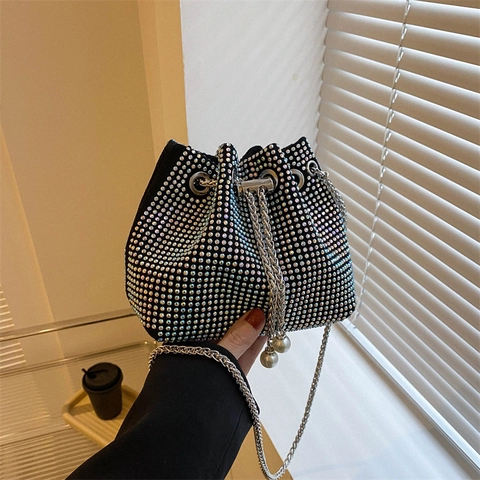 Strass Eimer Tasche Kristall Abendtasche Glänzende Kette Umhängetasche Mit Künstliche Perle Kordelzug Party Hochzeit Accessoires