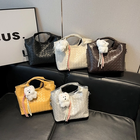 Borsa a Secchiello da Donna in Pelle PU con Motivo Intrecciato Borsa a Mano alla Moda con Tracolla Rimovibile per Uso Quotidiano