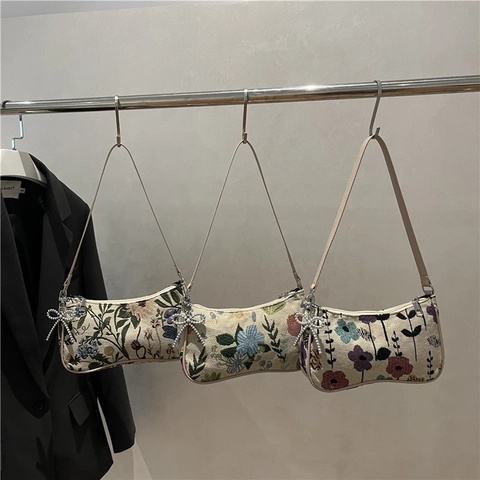 Vintage Floral Jacquard Underarm Bag For Women Retro Special Material Shoulder Bag Pearl Bow Pendant Aesthetic Baguette Bag