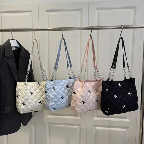 Borsa A Spalla Trapuntata Da Donna Con Ricamo A Fiocco Grande Capacità Tote Bag Catena Moda Casual