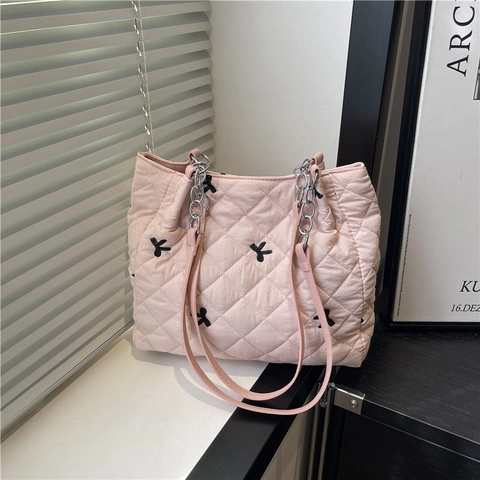 Borsa A Spalla Trapuntata Da Donna Con Ricamo A Fiocco Grande Capacità Tote Bag Catena Moda Casual