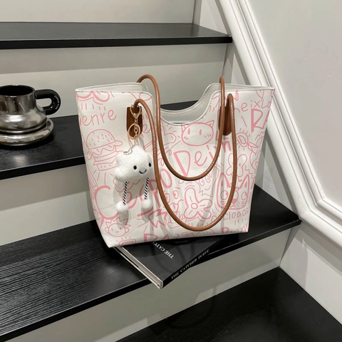 Large Capacity Tote Bag PU Leather Doodle Graffiti Print Cartoon Cat Pattern Korean Style Casual Shoulder Bag For Women