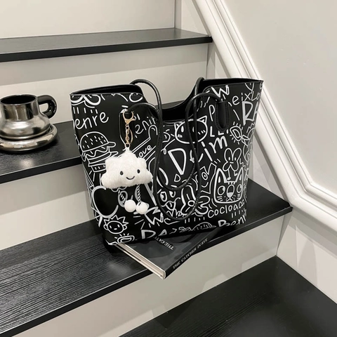 Damen Große Kapazität Bedruckte Tragetasche Streetwear Graffiti Katze Muster PU Leder Schultertasche Pendler Schule Handtasche